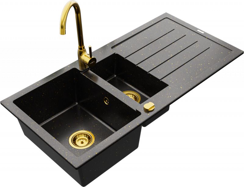 Zlewozmywak Mexen Mexen Andres zlewozmywak granitowy 1,5-komorowy z ociekaczem i baterią kuchenną Telma, czarny/złoty - 6515-75-670200-50