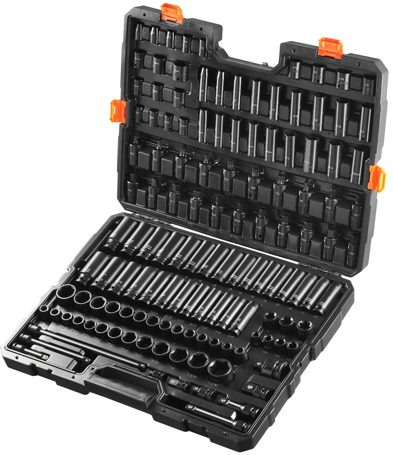 Nasadki udarowe 130el 3/8'' 1/2'' SAE/metric 6-pkt Cr-Mo, w walizce