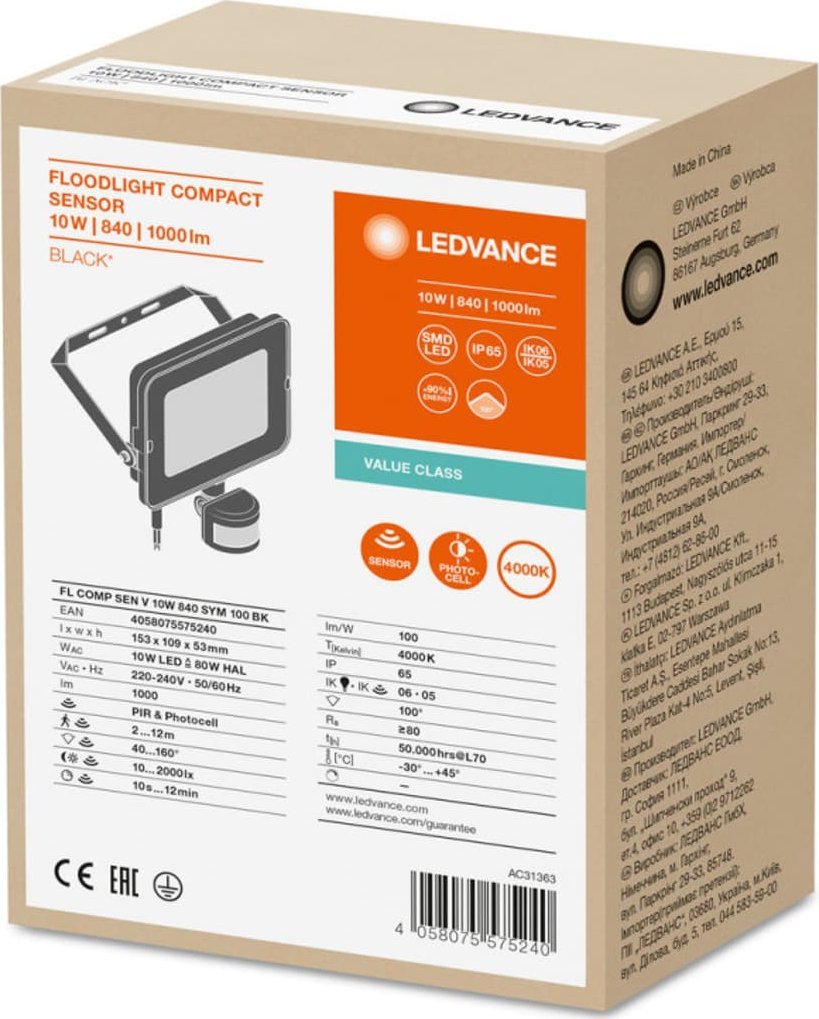 Naświetlacz Ledvance Projektor LED FLOOD COMPACT SENSOR V 10W 840 SYM 100 BK 4058075575240