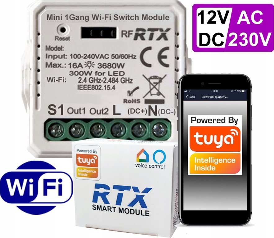 Sterownik Przekażnik BEZNAPIĘCIOWY WiFi TUYA +RF zasilanie 12V / 230V