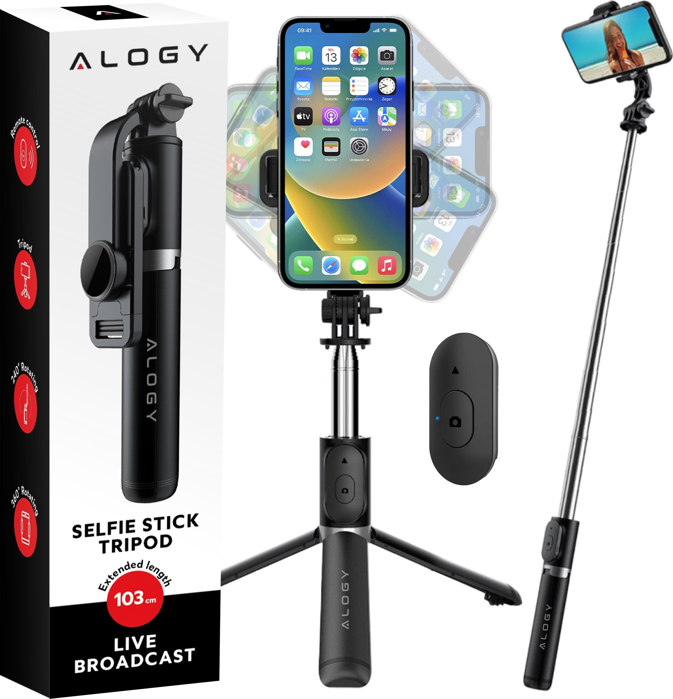 Selfie stick Alogy Kijek Selfie Stick Alogy uchwyt do telefonu zdjęć statyw Tripod 103 cm + Pilot Bluetooth Czarny