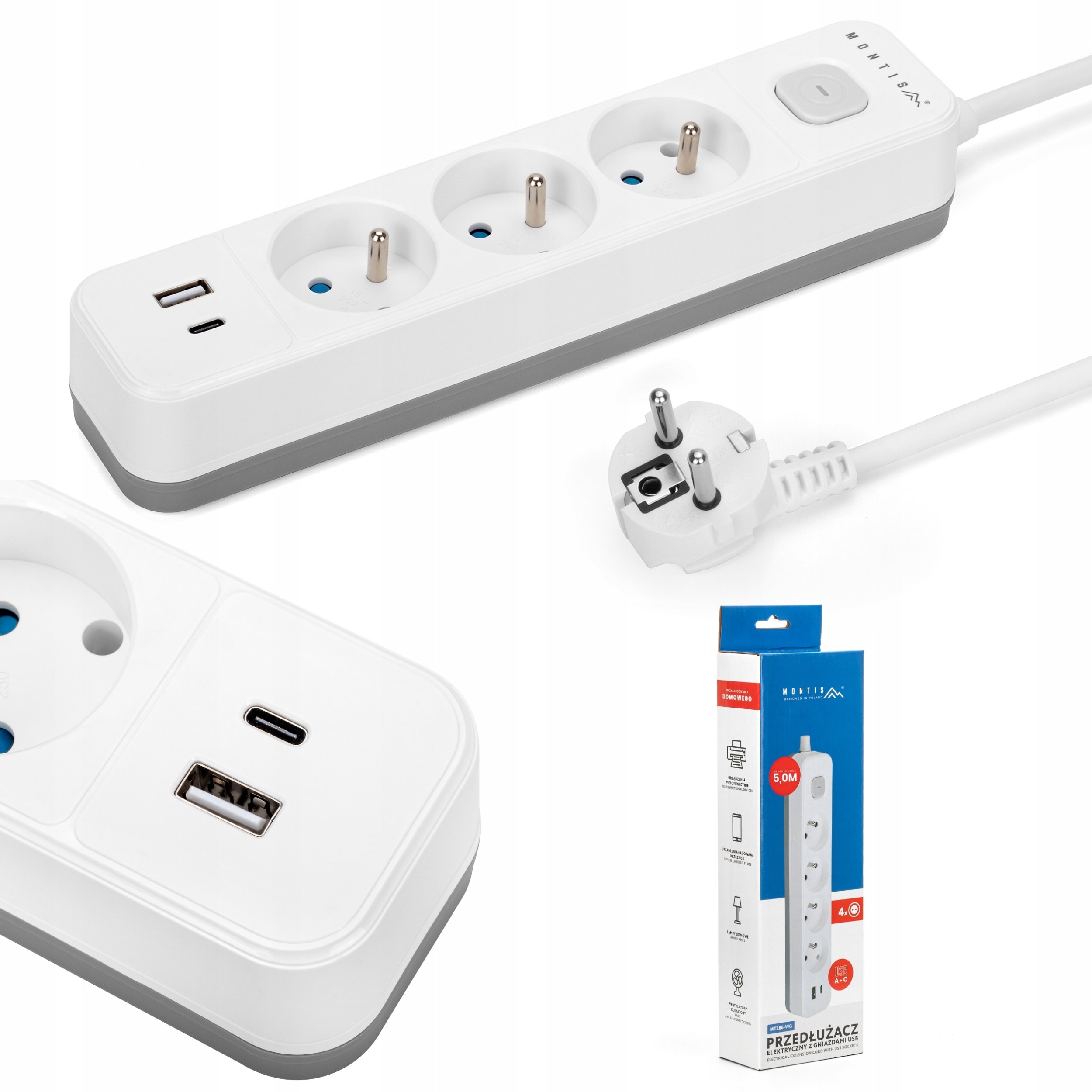 Montis Przedłużacz elektryczny biało-szary 3-gniazdowy z USB 5m MT185-WG-5