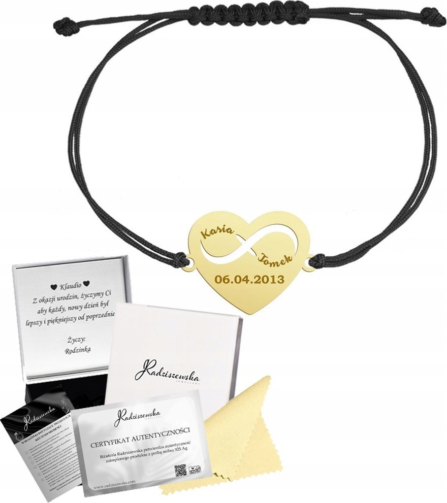 Radziszewska Jewellery Bransoletka Złota Serce Imiona Data 925 Sznurek Rocznica Prezent GRAWER