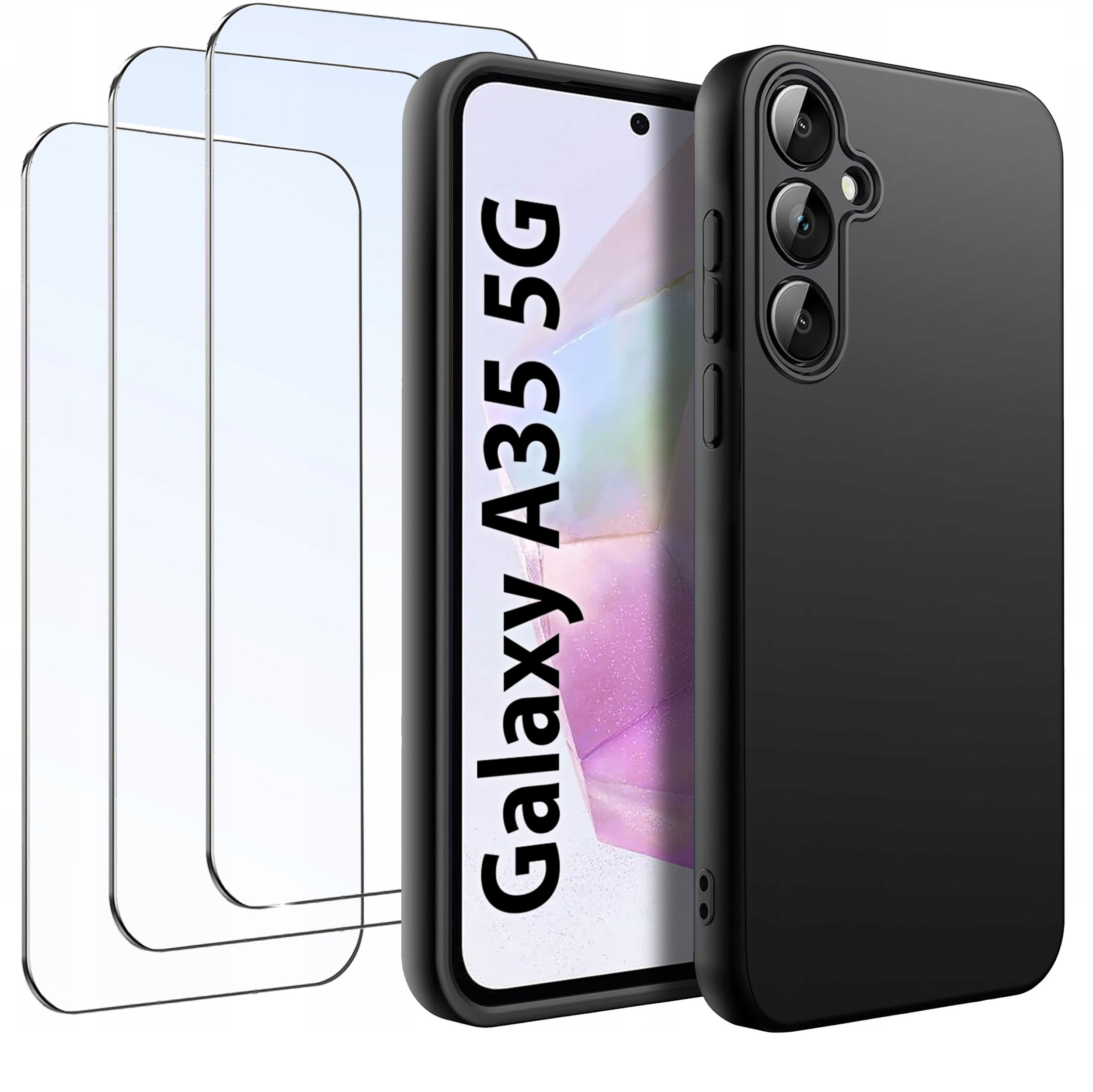 ZESTAW Etui do Samsung A35 5G Matowe Czarne Silikon Slim + 3 SZTUKI SZKŁO