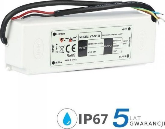 V-TAC Zasilacz LED V-TAC 150W 12V 12.5A IP67 Hermetyczny Filtr EMI VT-22155 5 Lat Gwarancji
