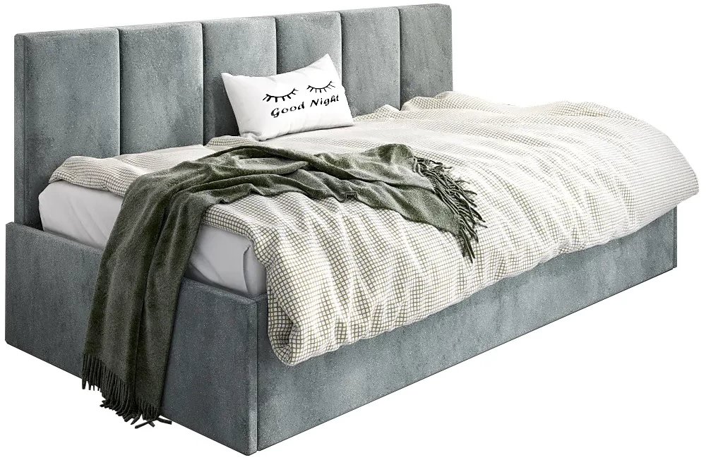 Łóżko młodzieżowe SORA 120x200 jasne szare z tapicerowanym panelem i pojemnikiem na pościel MKPOL