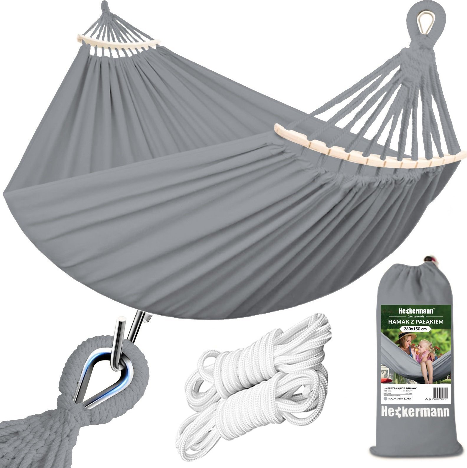 Heckermann Hamak sznurkowo-drewniany z drążkiem Heckermann 300kg 260x150cm Szary