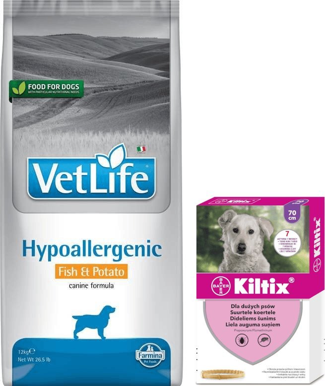 Farmina FARMINA Vet Life Dog Hypoallergenic Fish & Potato 12kg + BAYER Kiltix Obroża dla psów dużych dł 70cm