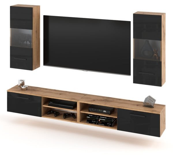 Meblościanka Szafka Rtv Salon Witryna Nowoczesna 240cm Wotan Czarny Połysk