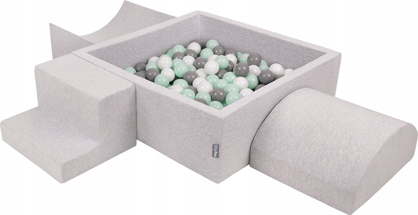 KiddyMoon Piankowy plac zabaw PPZP-KW30D-134 z piłeczkami jasnoszary: biały-szary-mięta basen 300/rampa L/półwałek L/schodek Zabawka plac zabaw