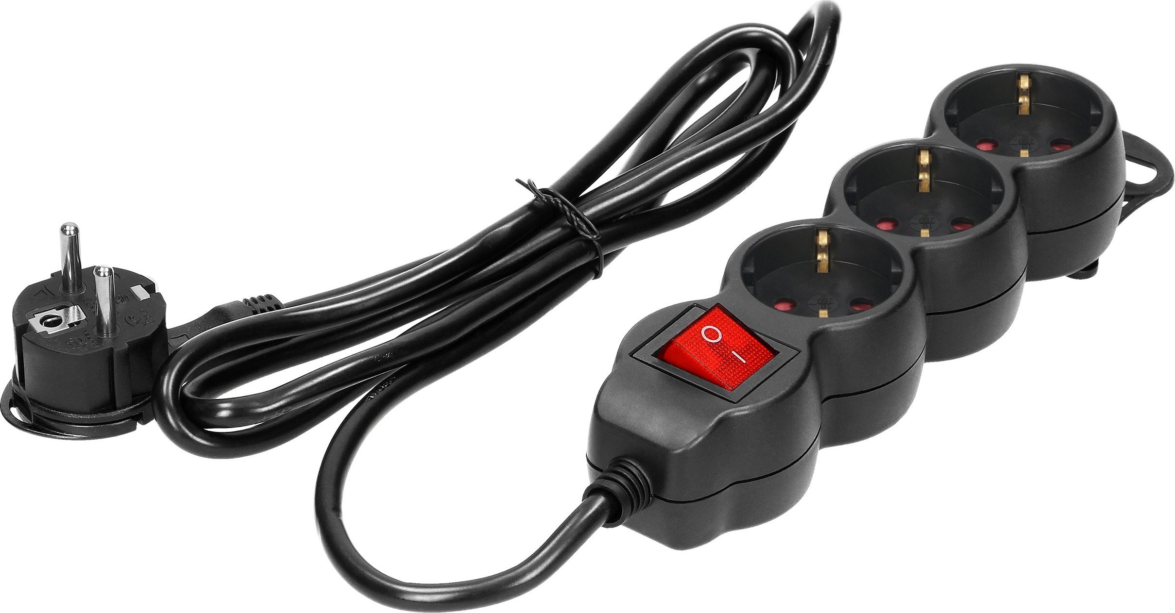 Orno Przedłużacz 3-krotny 2P+Z (Schuko), z wyłącznikiem, 5m H05VV-F 3x1,5mm2, Imax=16A, płaska wtyczka, czarny