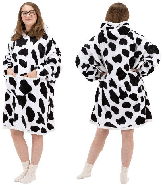 Kocobluza damska oversize koc bluza 2w1 z kapturem ciepła szlafrok futrzak czarno-biały UNIWERSALNY