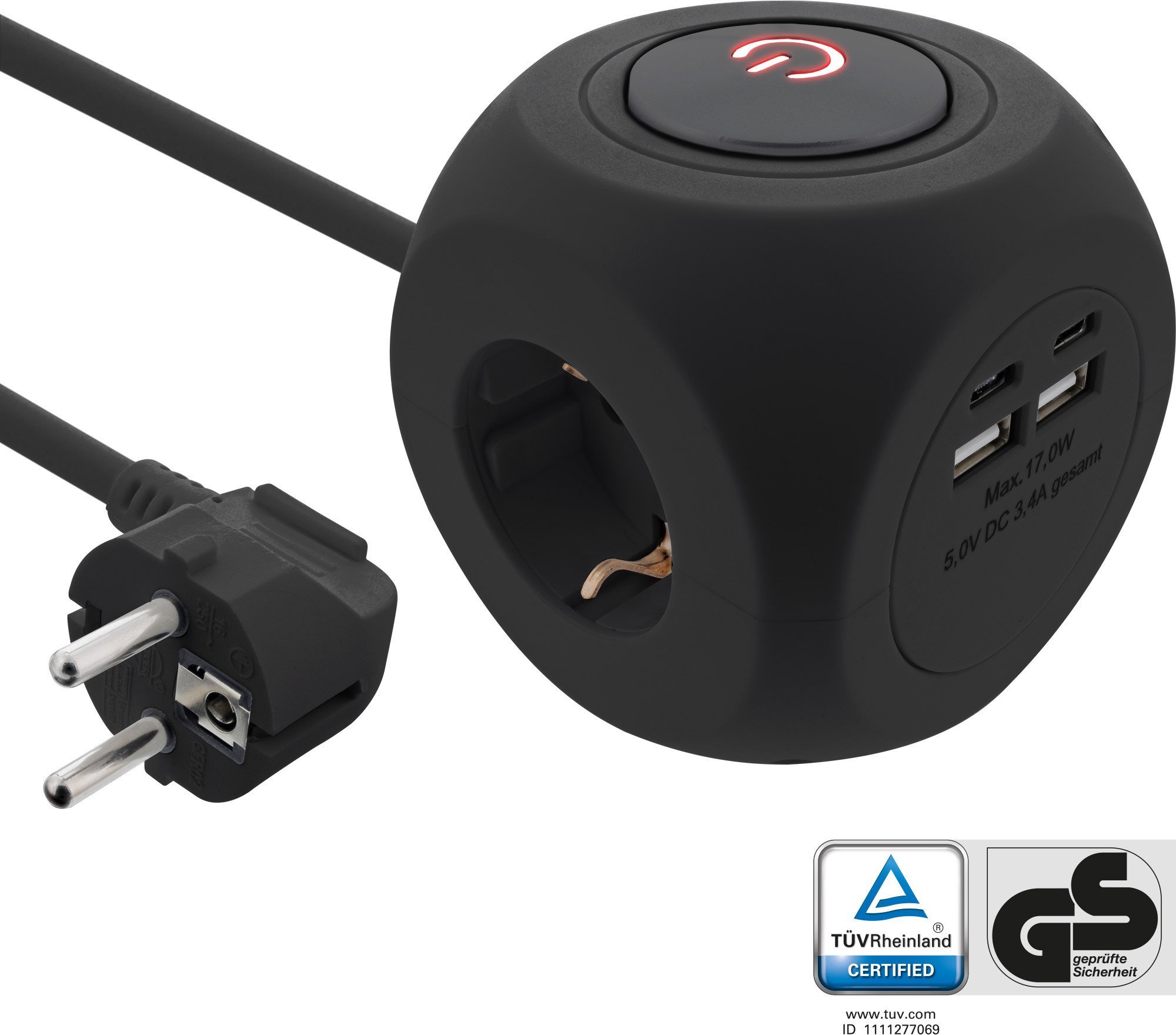 InLine InLine® Charging Cube, 3x earthing contact, 2x USB-C, 2x USB-A, black, 2m