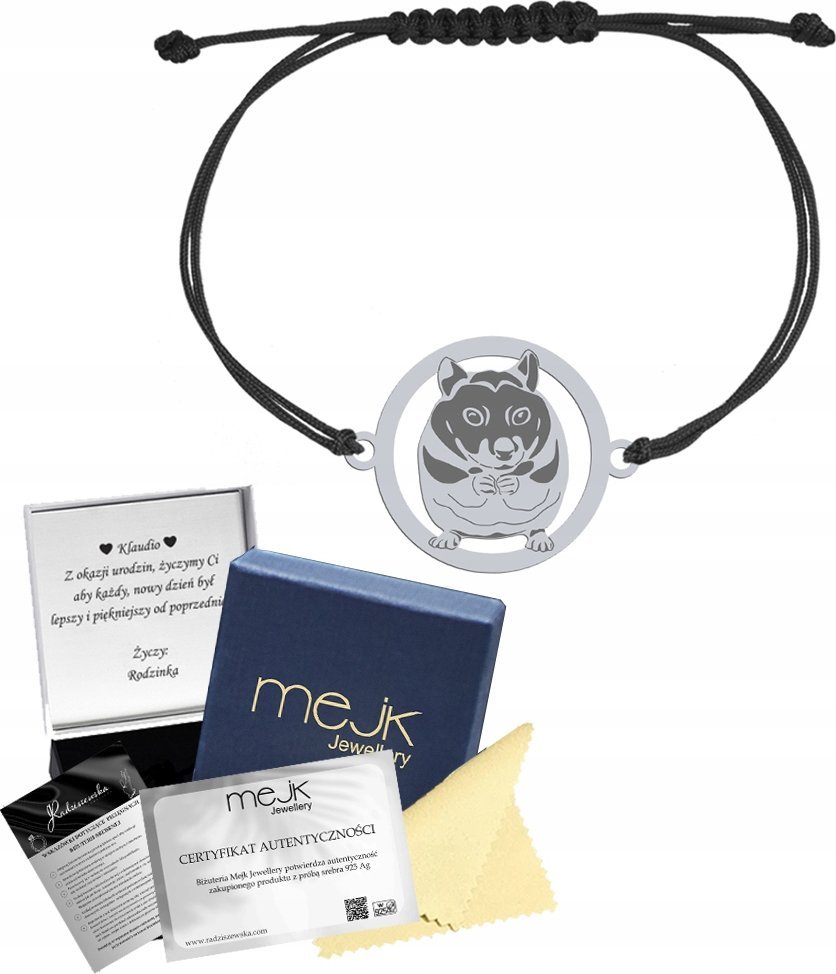 Radziszewska Jewellery Bransoletka Srebrna Chomik Sznurek SREBRO 925 GRAWER DEDYKACJA Prezent