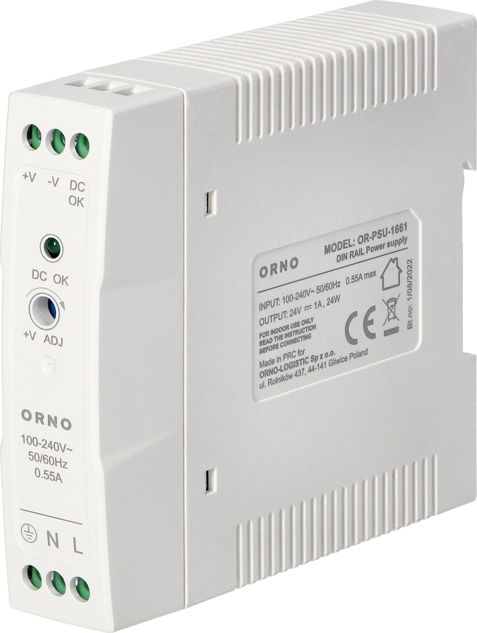 Orno Zasilacz przemysłowy, na szynę DIN, 24VDC, 1A, 20W, w plastikowej obudowie