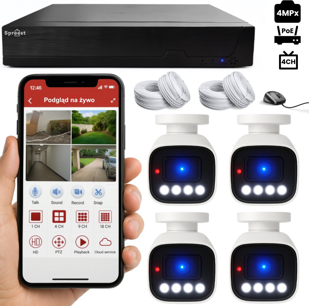 ZESTAW KAMER DO MONITORINGU POE DO DOMU 4 KAMERY 4MPX ZEWNĘTRZNE APLIKACJA