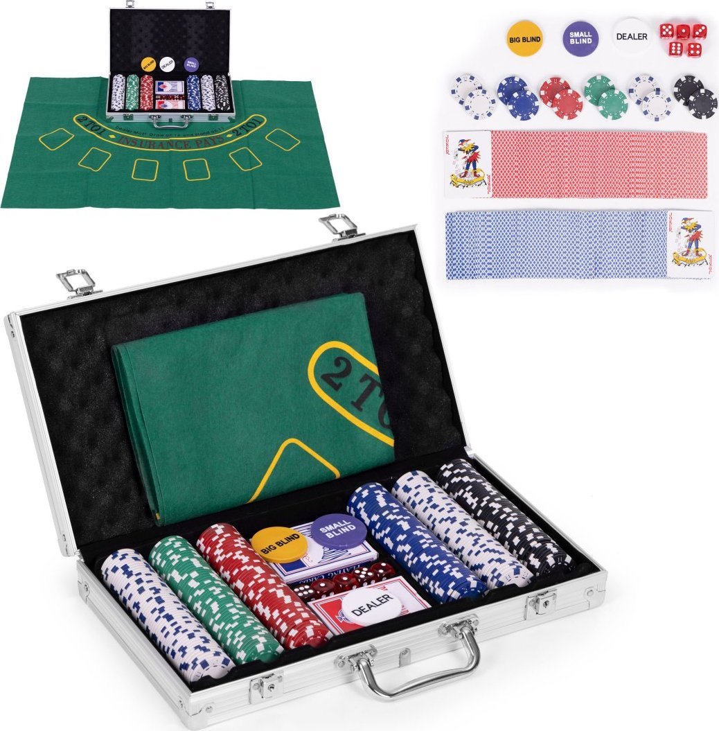 ModernHome Zestaw do pokera blackjacka 300 żetonów 2 talie kart kości mata do gry zamykana walizka