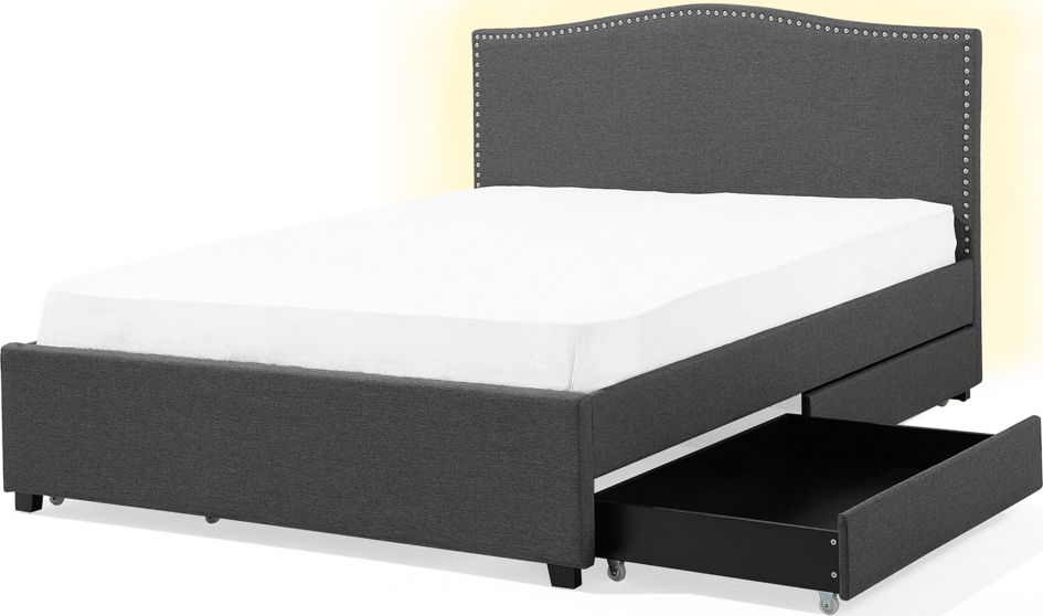 Beliani Łóżko z szufladami biały LED tapicerowane 180 x 200 cm szare MONTPELLIER