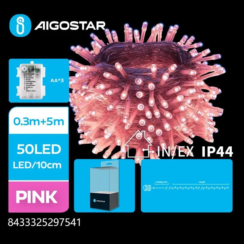 Lampki choinkowe Aigostar Lampki choinkowea na 3 baterie AA różowe Taśma świetlna płaska na 3 baterie AA