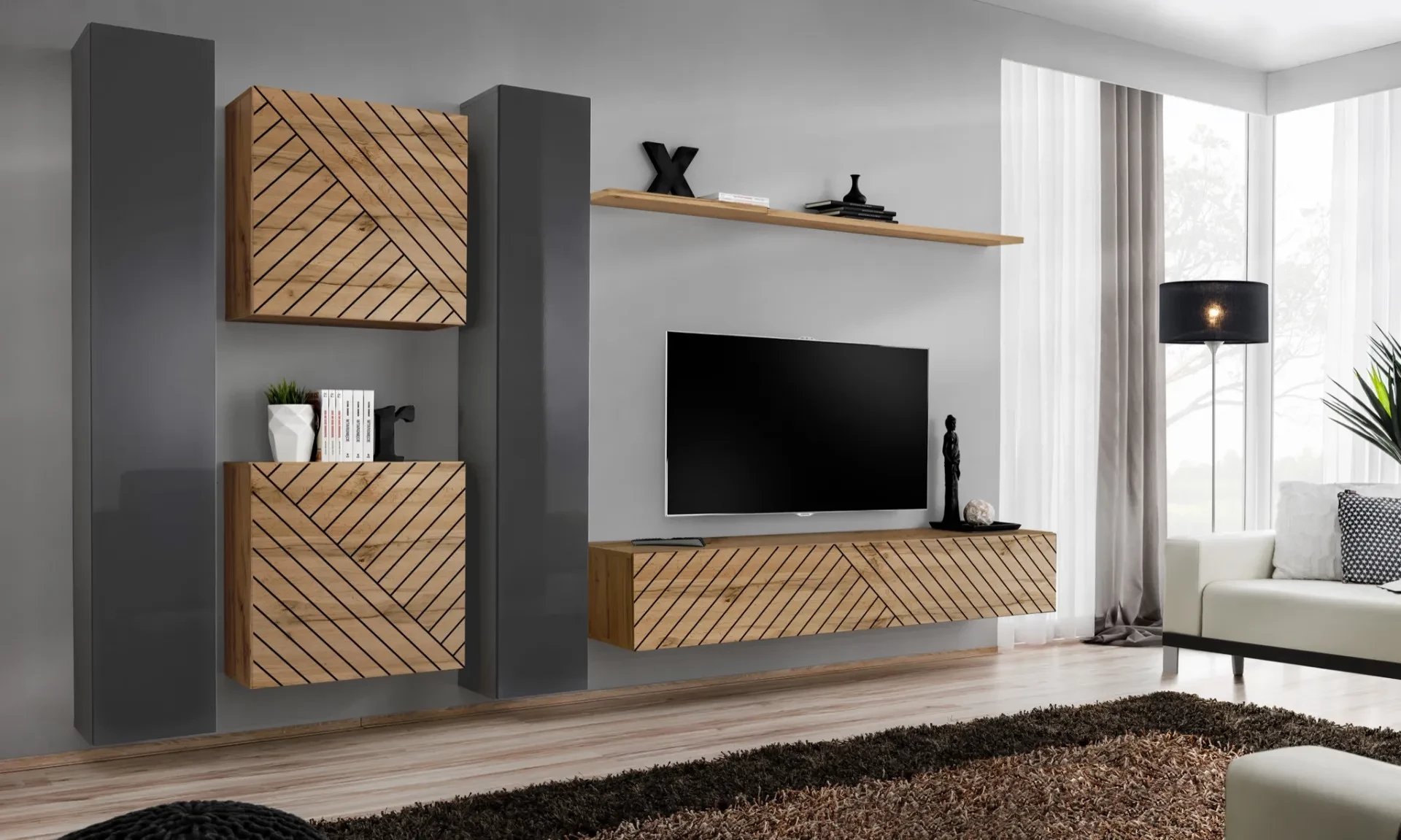 Meblościanka SWITCH LAMEL VI dąb wotan/szara ASM Meble