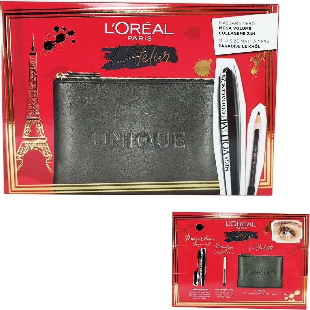L’Oreal Paris Set L'Oreal Paris: L'Oreal Paris, Kajal Eye Pencil, Black, 1.5 g + Mega Volume Collagene 24h, Waterproof, Mascara, Mega Black, 9 ml + Ma