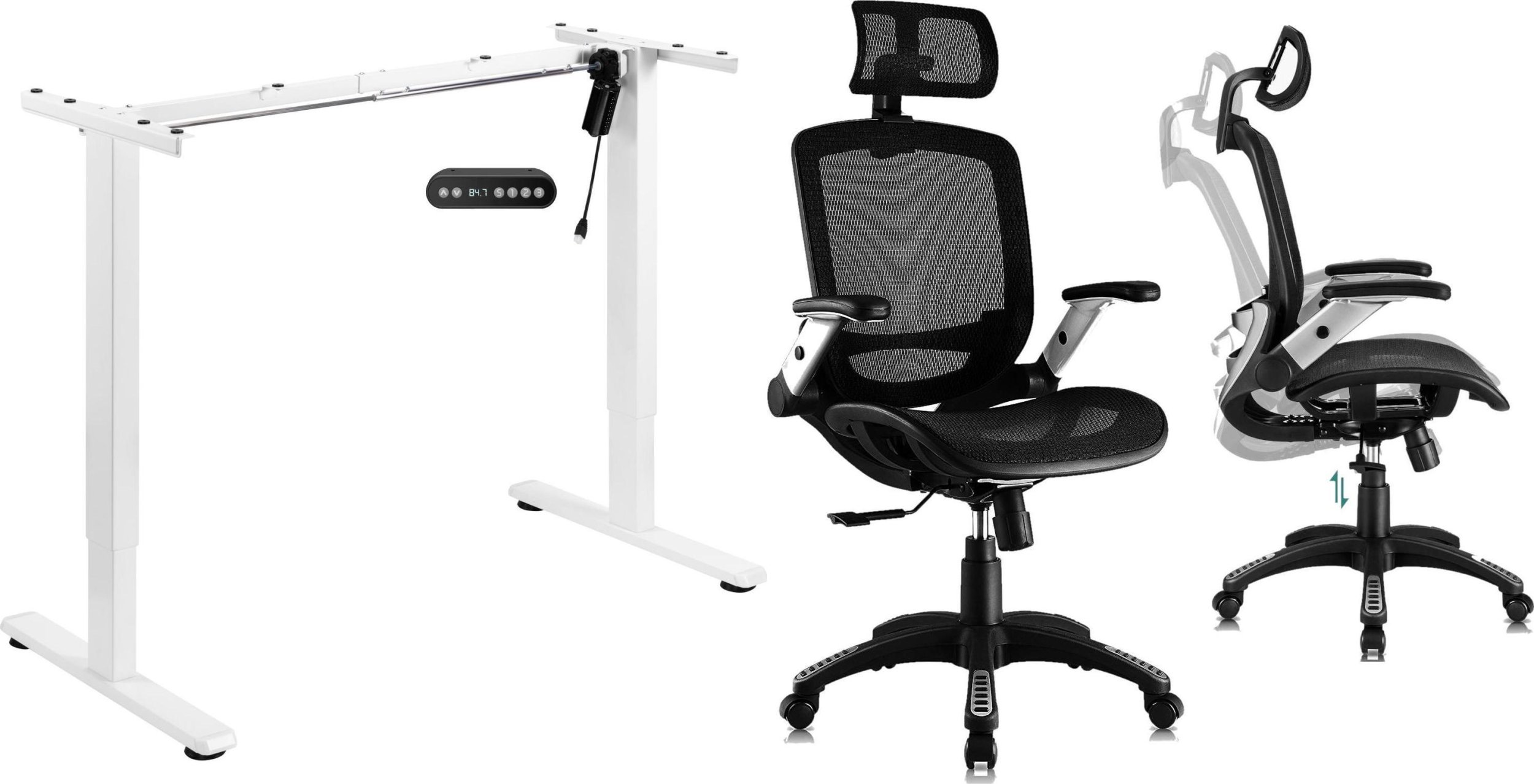 Mozos Mozos Stelaż do biurka biały z elektryczną regulacją wysokości BIAŁY + Krzesło biurowe Ergo-C Czarne