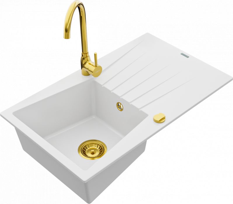 Zlewozmywak Mexen Mexen Cesar zlewozmywak granitowy 1-komorowy z ociekaczem i baterią kuchenną Telma, biały - 6514-20-670200-50