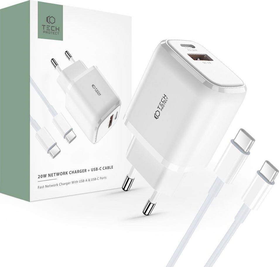 Ładowarka Tech-Protect Ładowarka sieciowa Tech-protect C20W 2-port Network Charger PD 20W QC 3.0 + USB-C Cable White