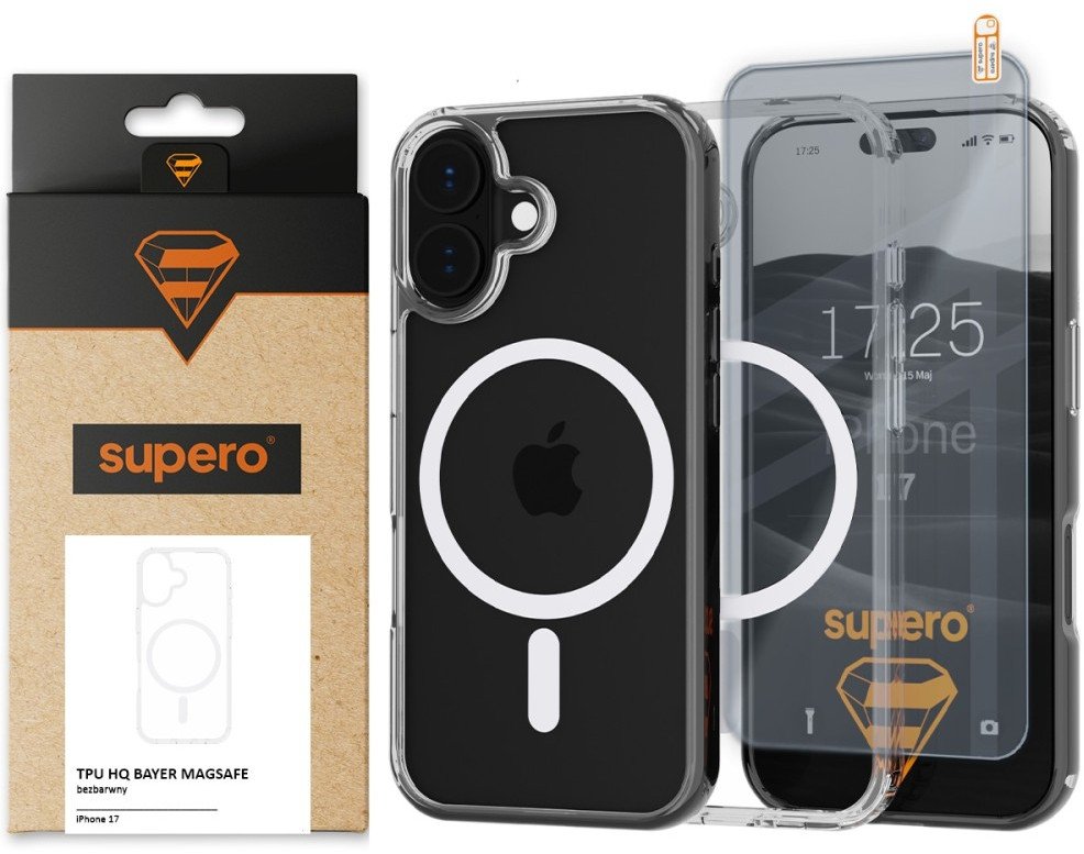 Etui Supero TPU HQ Bayer MagSafe do iPhone 17, przezroczyste + szkło