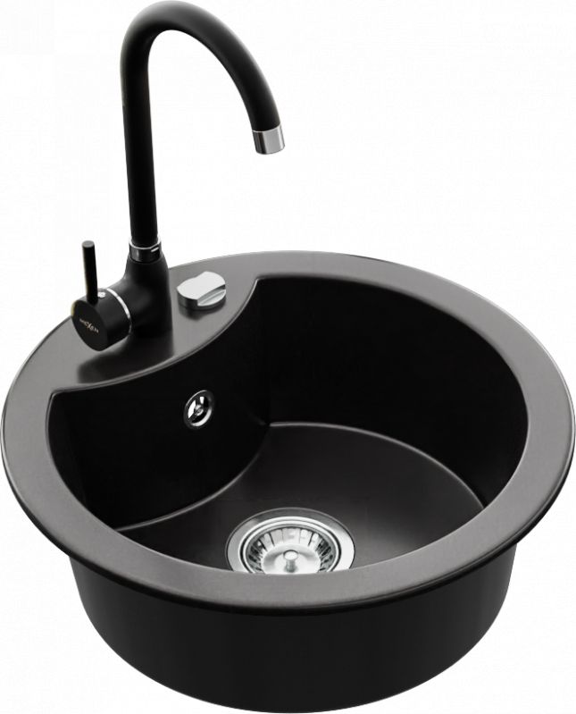 Zlewozmywak Mexen Mexen Diego zlewozmywak granitowy 1-komorowy z baterią kuchenną Telma, czarny - 6512-77-670200-70