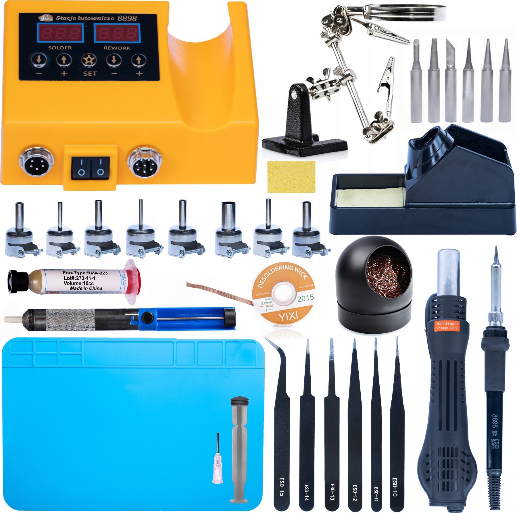 Rosfix STACJA LUTOWNICZA DYSZE ODSYSACZ GROTY RĘKA TOPNIK PĘSETA CZYŚCIK PLECIONKA