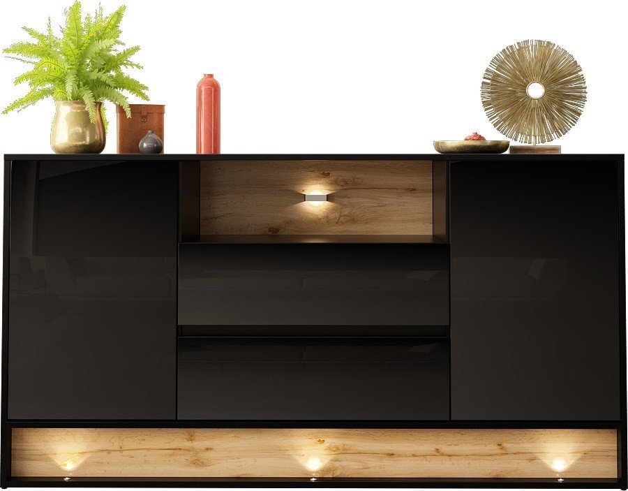 MEGSTYL KOMODA 160CM Z WSTAWKĄ DĄB WOTAN - VISION 2 Czarny - Wotan mat - Czarny połysk
