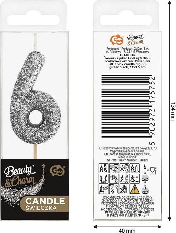 Świeczka piker 6 czarna brokatowa 11x3.5 cm