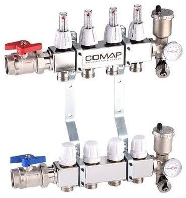 Rozdzielacz stal nierdzewna z zaworem termostatycznym, przepływomierzem, odpowietrznikiem aut.,zaworem spustowym, termometrem 10obw (DWZ)