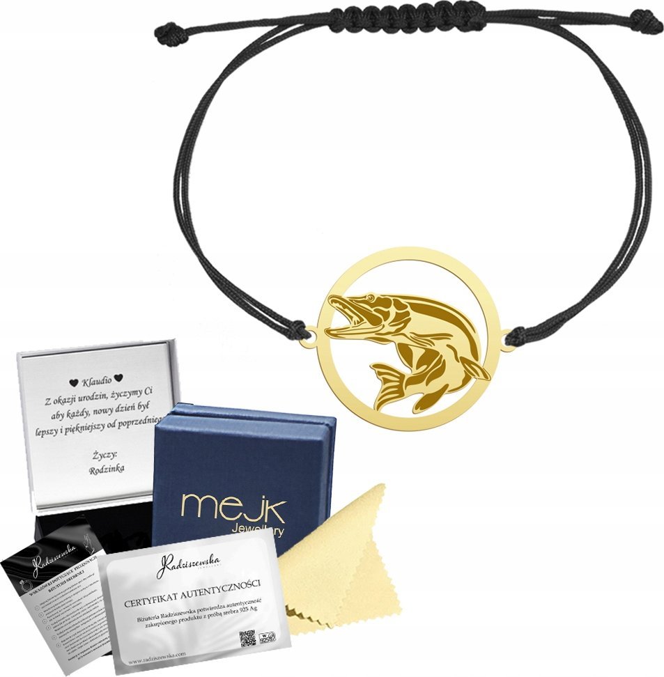 Radziszewska Jewellery Bransoletka Pozłacana ze Szczupakiem Sznurek 925 Grawer Prezent Biżuteria