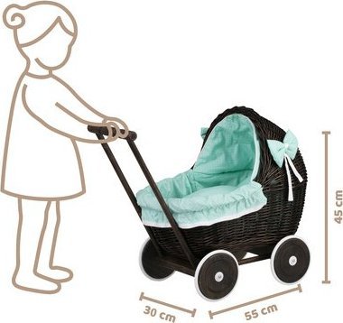 WickerPL LILI WIKLINOWY WÓZEK DLA LALEK Z miętowym OBSZYCIEM 48X28 H26/47 CM