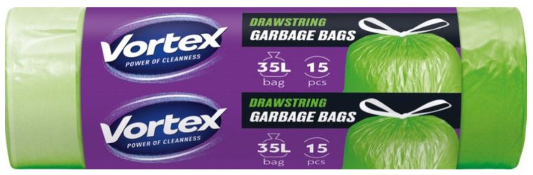 BAGS GARBAG VORTEXDRAWSTR GREN 35L 15PC