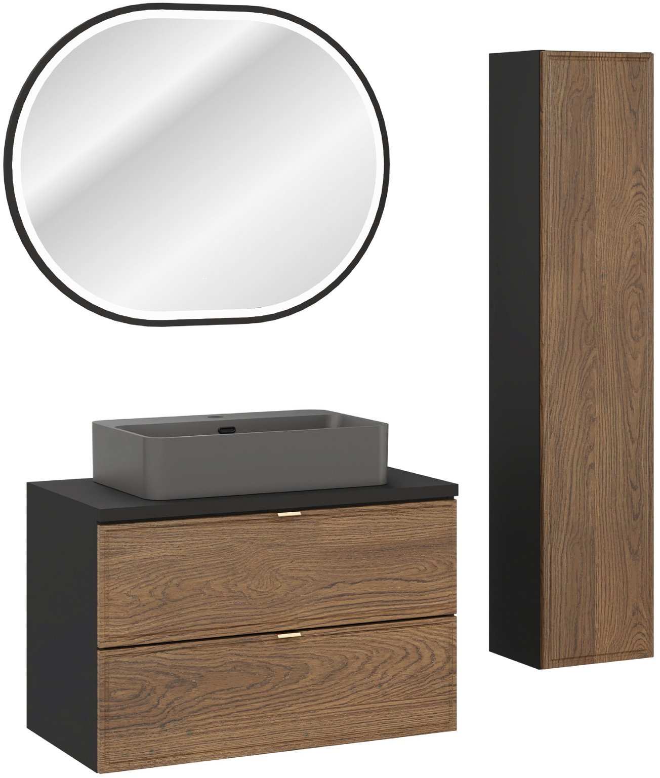 Zestaw meblowy 80cm z blatem, umywalką nablatową Trust, szafką wysoką i lustrem LED