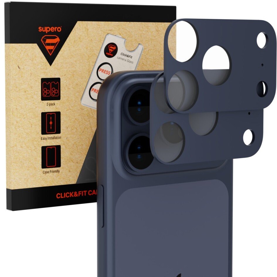 SUPERO Szkło hartowane na aparat Click&Fit do iPhone 17 Pro, niebieskie, 2szt. z aplikatorem