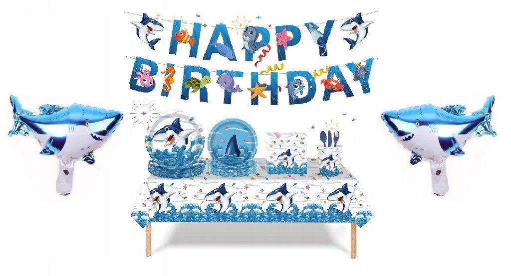 Zestaw Naczyń Jednorazowych Happy Birthday Urodziny Rekin Shark 121 el