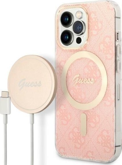 Ładowarka Guess Zestaw Guess etui + ładowarka bezprzewodowa GUBPP13LH4EACSP Apple iPhone 13 Pro różowy/pink hard case 4G Print MagSafe