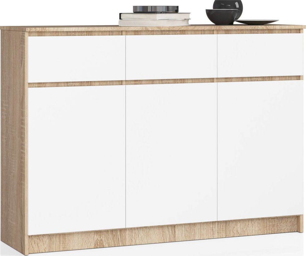 Fabryka Mebli Akord KOMODA K 140 cm 3 DRZWI 3 SZUFLADY SONOMA / BIAŁE