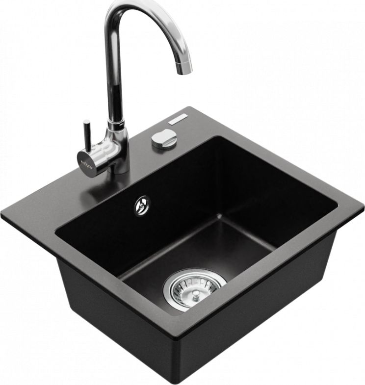 Zlewozmywak Mexen Milo granitowy 1-komorowy z baterią kuchenną Telma, czarny - 6505-77-670200-00