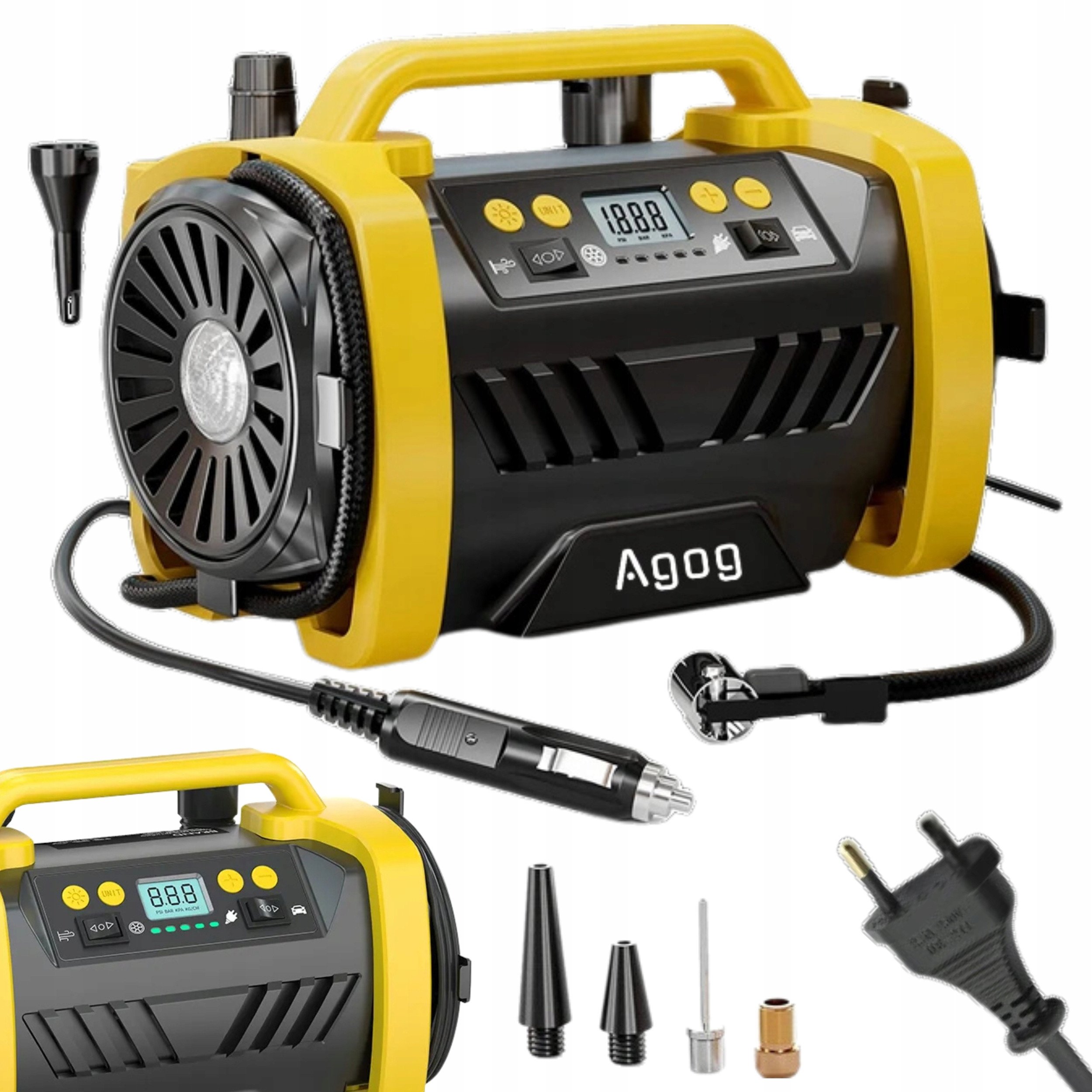 KOMPRESOR SAMOCHODOWY 12V 230V POMPKA PRZENOŚNA SPRĘŻARKA DMUCHAWA LED HQ