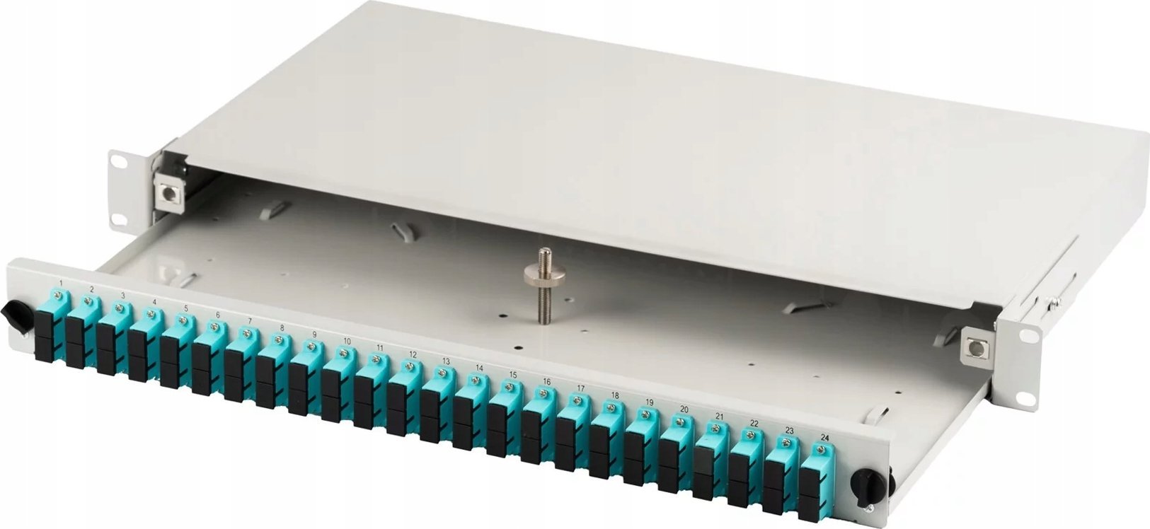 Panel krosowy FO z wyposażeniem 19'' 1U, 24x SC dx, OM3, adaptery, wysuwany, szary