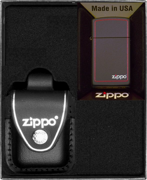 Zestaw ZIPPO Zapalniczka BLACK MATTE RED BORDER LOGO SLIM Prezentowy No3
