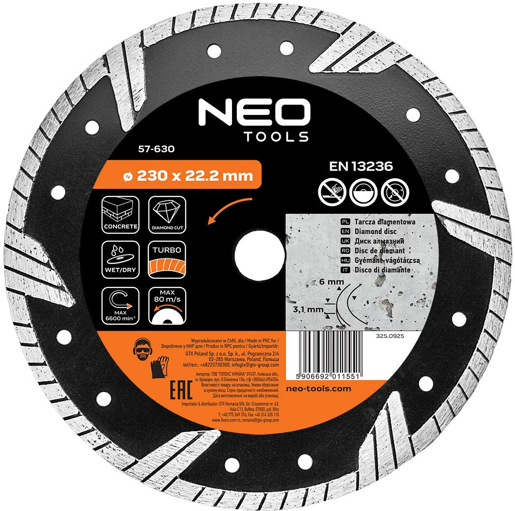 Tarcza diamentowa 230 x 22.2 mm, turbo