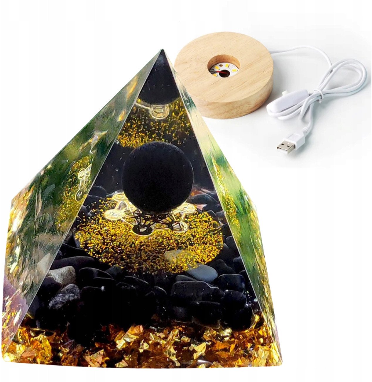 Piramida ORGONIT +LED Lampka PODSTAWA 5cm KRYSZTAŁ KAMIENIE AMULET 5cm HX20