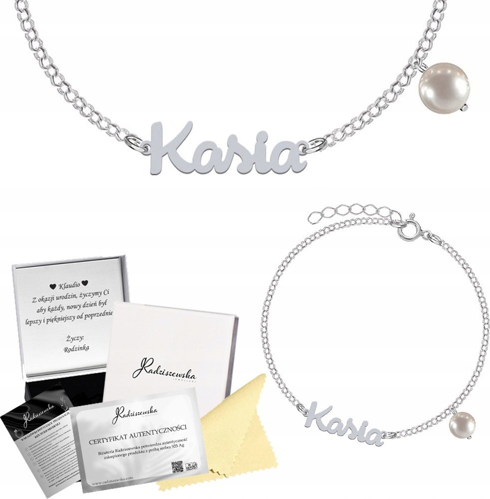Radziszewska Jewellery Bransoletka Srebrna z Własnym Imieniem Perła 925 Prezent Biżuteria ŻYCZENIA