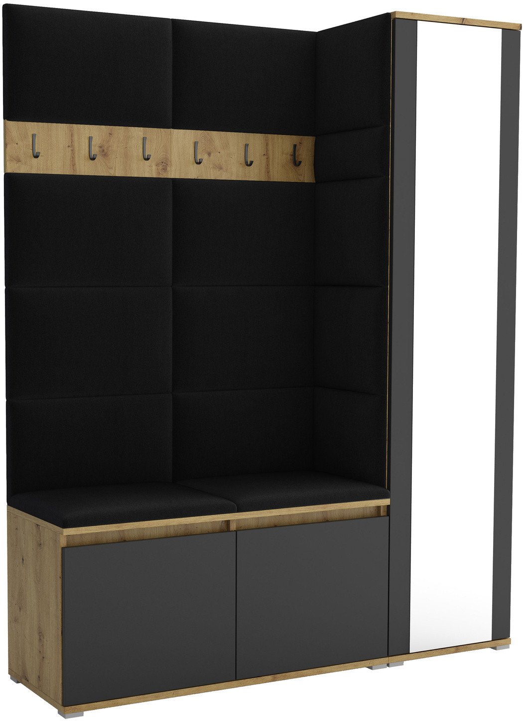 Tapicerowana garderoba Noris VII z lustrem - kolor artisan z czarnym frontem + tkanina Trinity 16
